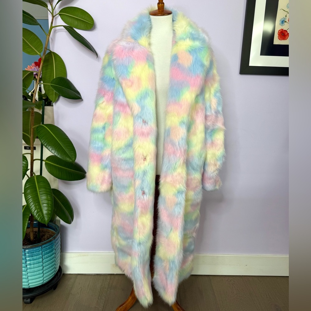 Rare Olivia Rubin "Jilly" Pastel Rainbow Faux Fur Coat